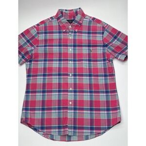 Polo‎ Ralph Lauren Mens Slim Fit Short Sleeve Plaid Button Down Shirt Pink Large